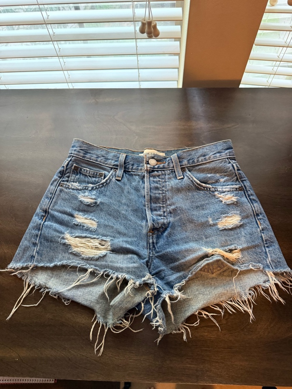 Aritzia Denim Forum High Waist Distressed Button Fly Cutoff Denim Shorts